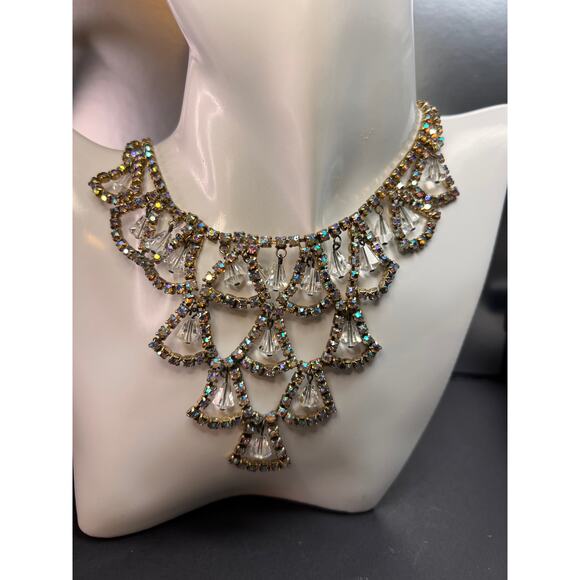 Vintage AB Rhinestone Bib Necklace Clear Glass Dangles Gold Tone - Picture 3 of 12